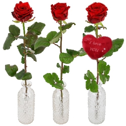 1, 2, or 3 red roses + a vase for each rose (1 fresh red rose in 1 glass rose vase + heart)